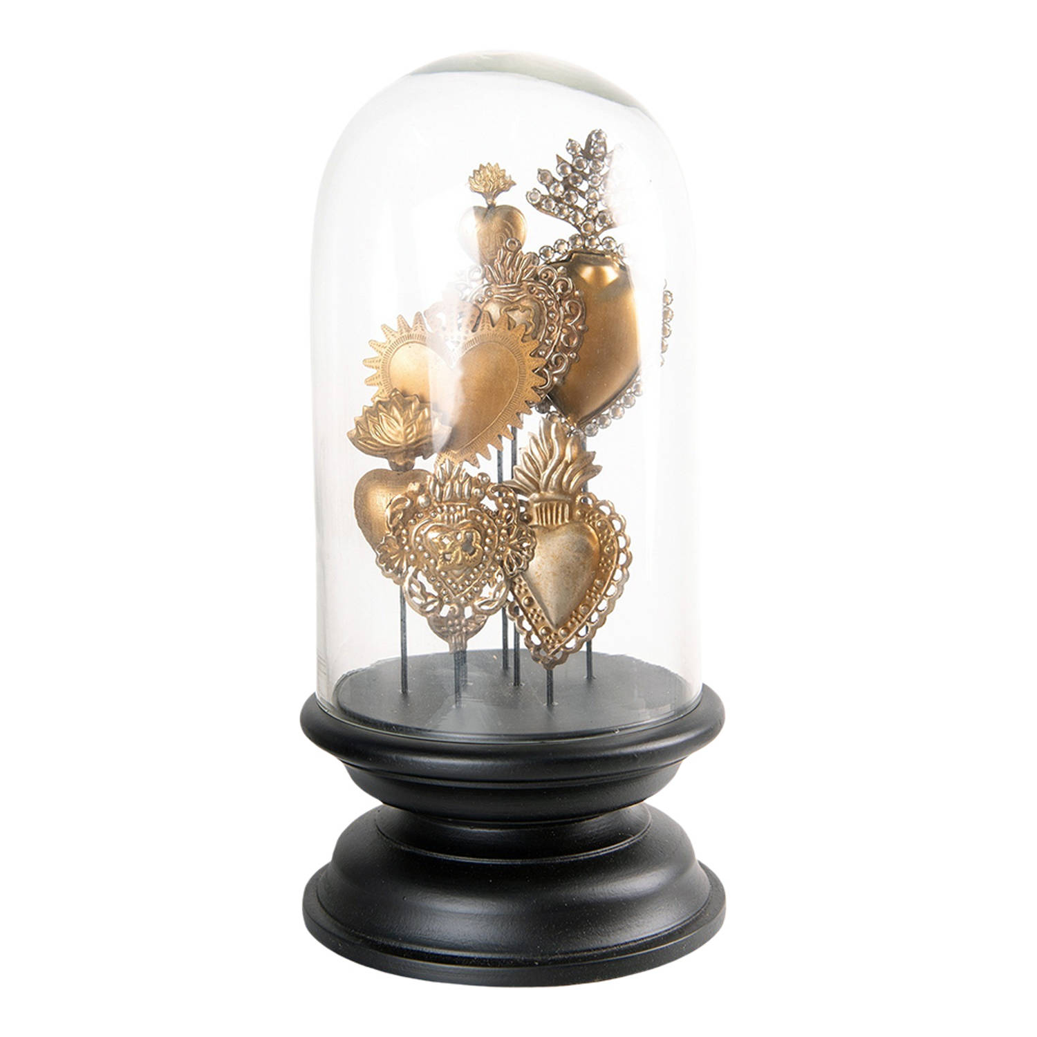 HAES DECO - Decoratieve glazen stolp met goudkleurige hartjes en zwart houten voet, diameter 19 cm en hoogte 39 cm - ST65175HS