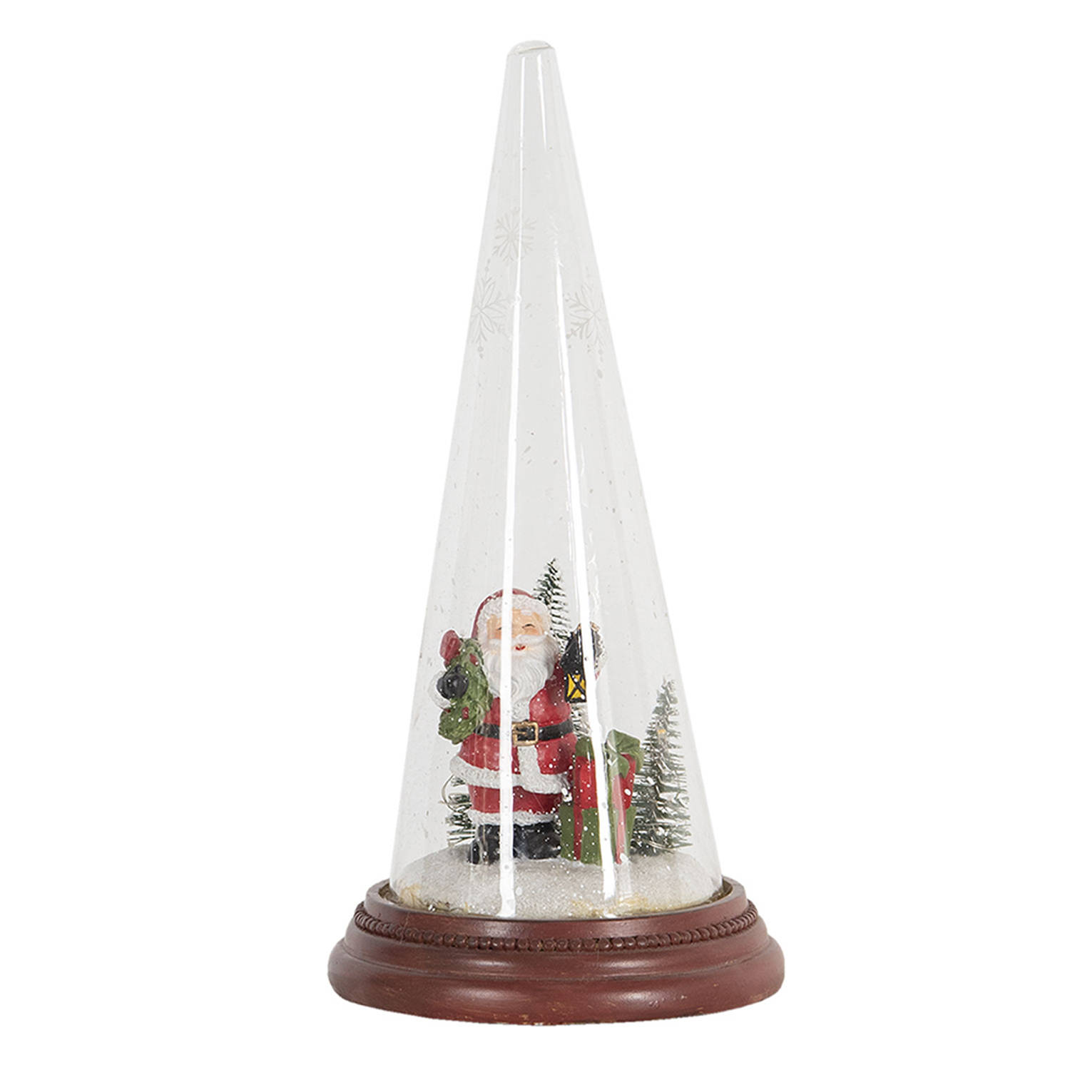 HAES DECO - Decoratieve stolp met kerstdecoratie Kerstman en houten voet, diameter 13 cm en hoogte 27 cm - ST6PR2991HS