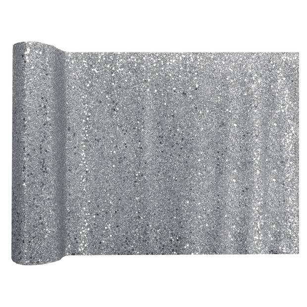 Santex Tafelloper op rol - zilver glitter - 28 x 300 cm - polyester - Feesttafelkleden