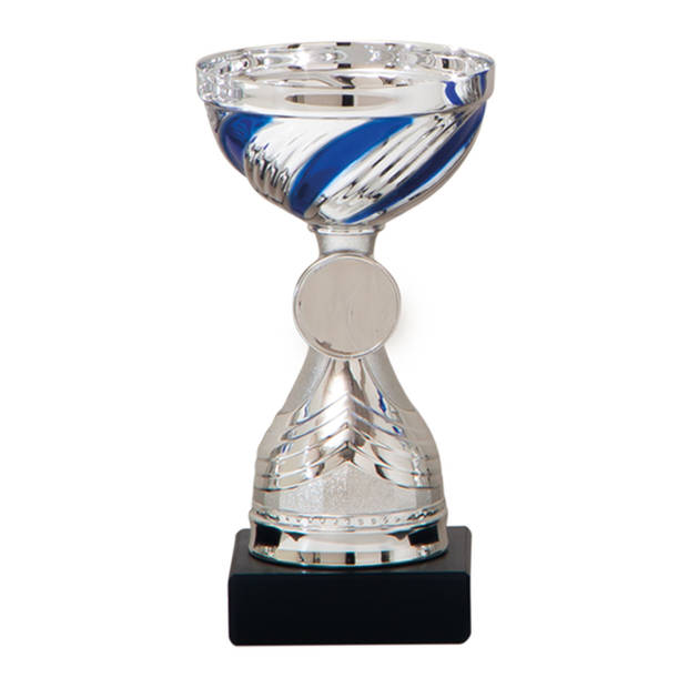 Luxe trofee/prijs beker - zilver - blauwe lijnen - kunststof - 19 x 10 cm - sportprijs - Fopartikelen