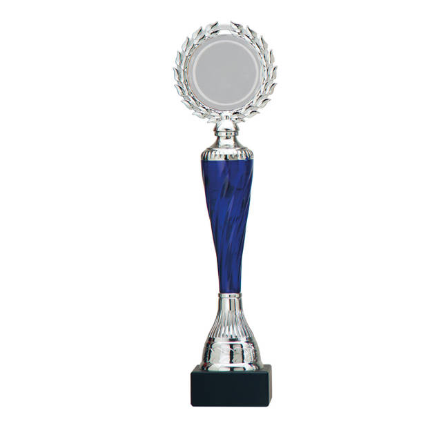 Luxe trofee/prijs - zilver/blauw middenstuk - kunststof - 32 x 8 cm - sportprijs - Fopartikelen