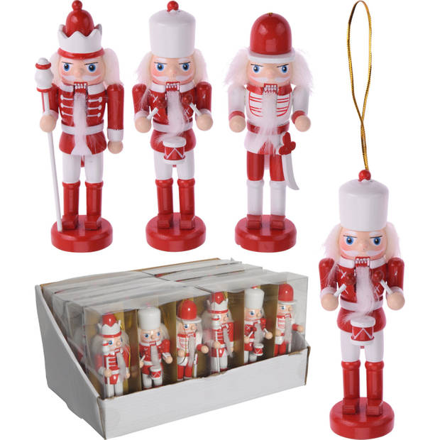 6x stuks kersthangers notenkrakers poppetjes/soldaten rood/wit 12,5 cm - Kersthangers