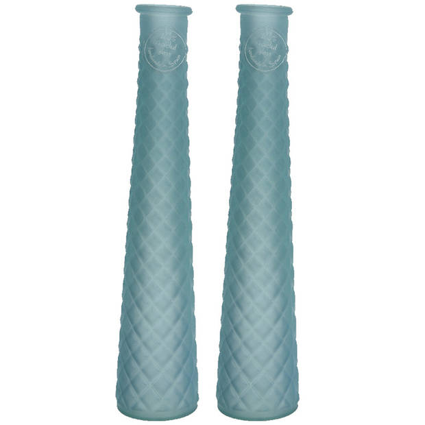 2x stuks bloemenvazen gerecycled glas - D7 x H32 cm - mat lichtblauw - Vazen
