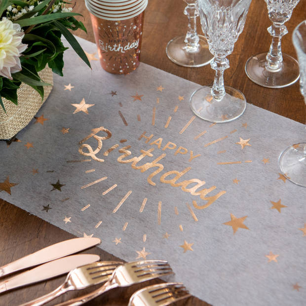 Santex Verjaardag tafelloper op rol - wit/rose goud - 30 x 500 cm - Feesttafelkleden