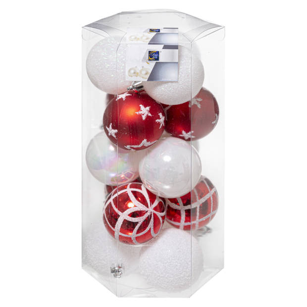 Atmosphera Kerstballen - 15st - kunststof - wit-rood - 5cm - Kerstbal