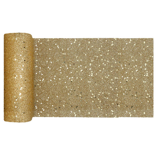 Santex Tafelloper op rol - goud glitter - 18 x 500 cm - polyester - Feesttafelkleden