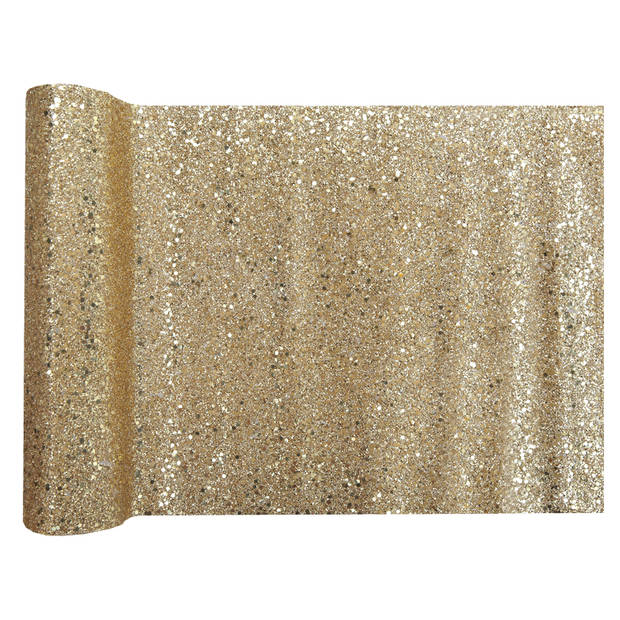 Santex Kerst tafelloper op rol - 2x - goud glitter - 28 x 300 cm - polyester - Tafellakens