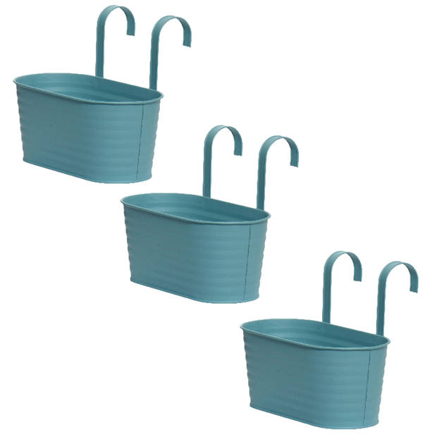 3x stuks bloembakken ophangbaar - zink - 32 x 16 cm - blauw - Plantenpotten