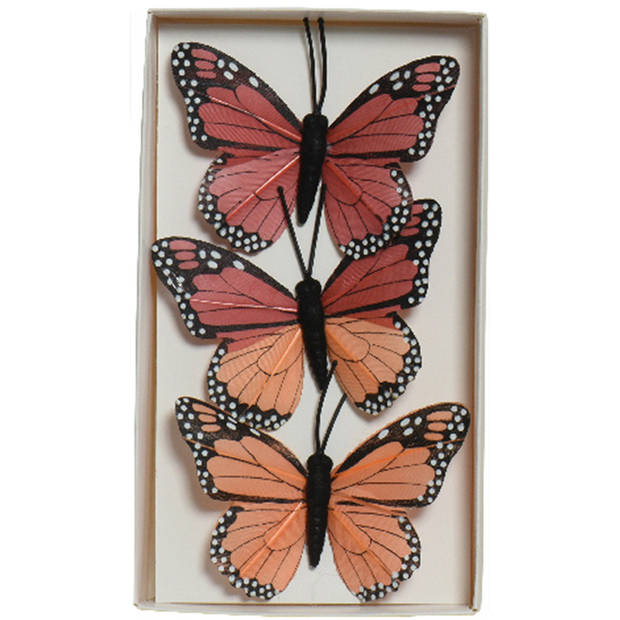 Decoris decoratie vlinders op draad - 3x - rood - 8 x 6 cm - Hobbydecoratieobject
