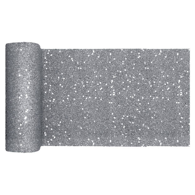 Santex Kerst tafelloper op rol - 2x - zilver glitter - 18 x 500 cm - polyester - Tafellakens
