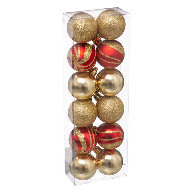24x stuks kerstballen mix goud/rood glans/mat/glitter kunststof 4 cm - Kerstbal