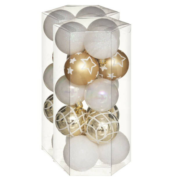 30x stuks kerstballen mix wit/goud gedecoreerd kunststof 5 cm - Kerstbal