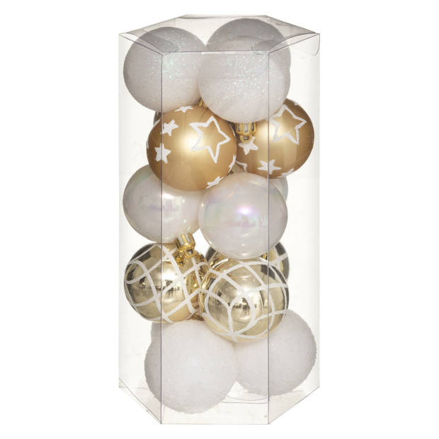 Atmosphera Kerstballen - 15st - kunststof - wit-goud - 5cm - Kerstbal