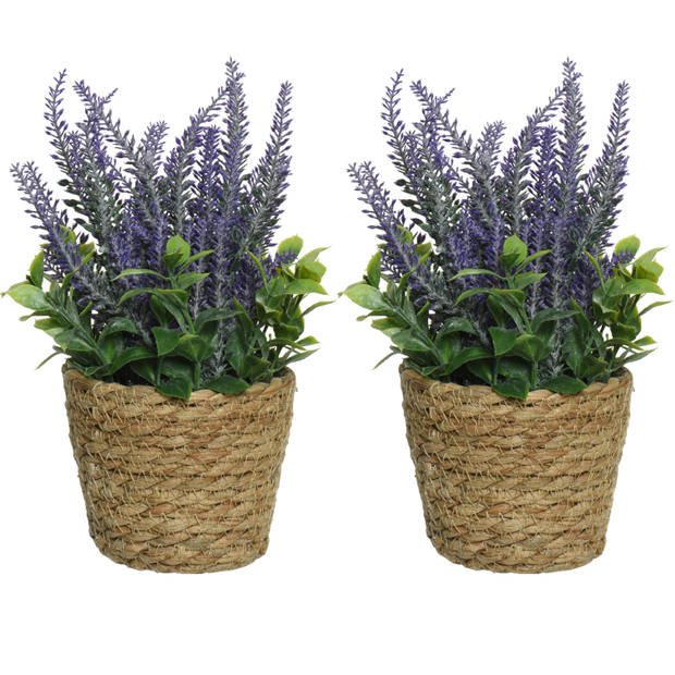 2x lavendel kunstplant in gevlochten plantenmand - paars - D12 x H26 cm - Kunstplanten