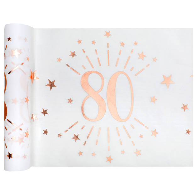 Santex Tafelloper op rol - 80 jaar - wit/rose goud - 30 x 500 cm - Feesttafelkleden