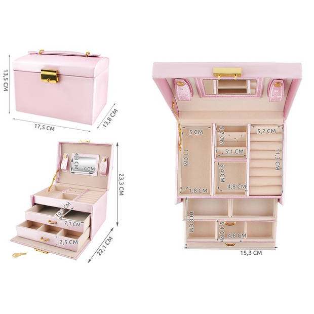Beautylushh juwelen opbergdoos / sieradendoos roze 17.5 x 13.8 x 13.5 cm
