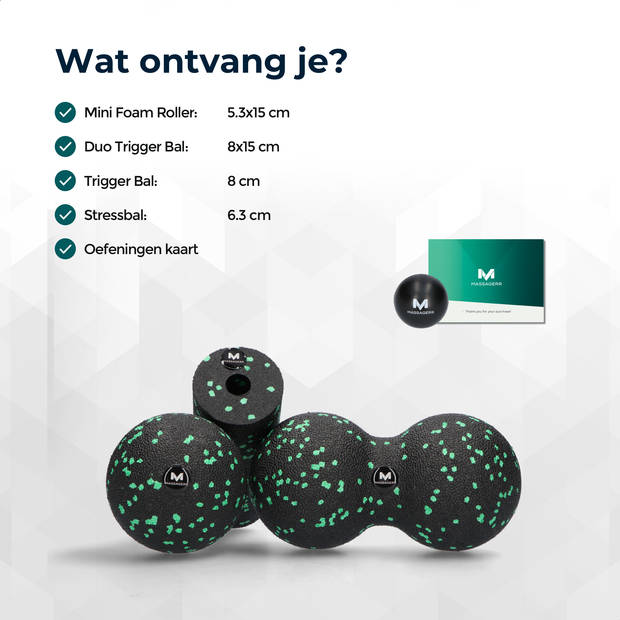 Massagerr® Mini Box - Massage Bal - Duo Massagebal - Mini Foam Roller – Stressbal - Triggerpoint Roller Set – Groen