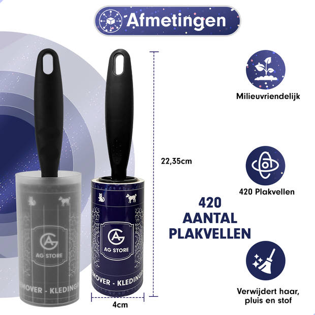 AG kledingroller - 420 kleefvellen - Plakt extra goed - Pluizenroller - Kleefroller - Pluizenverwijderaar