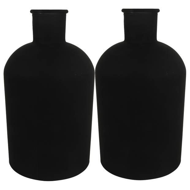 Countryfield vaas - 2x stuks - mat zwart glas - fles - D14 x H27 cm - Vazen