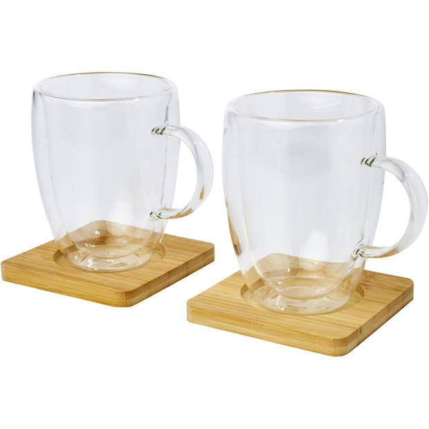 Seasons dubbelwandige koffieglazen 350 ml - set van 4x stuks - met bamboe onderzetters - Koffie- en theeglazen
