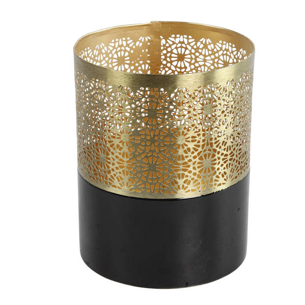 Countryfield Luxe theelichthouder - metaal - goud/zwart - D10 x H12.5 cm - Windlichten