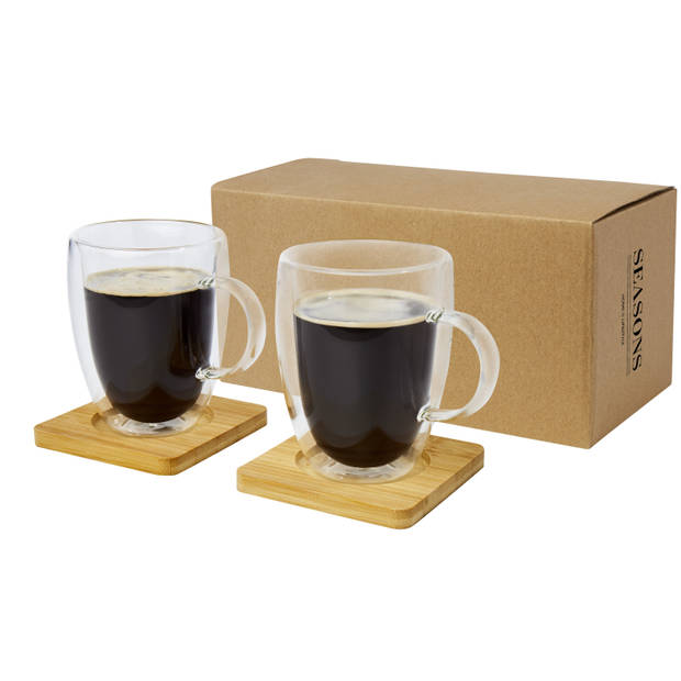 Seasons dubbelwandige koffieglazen 350 ml - set van 4x stuks - met bamboe onderzetters - Koffie- en theeglazen