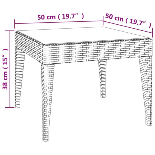 vidaXL Bijzettafel 50x50x38 cm poly rattan en gehard glas zwart