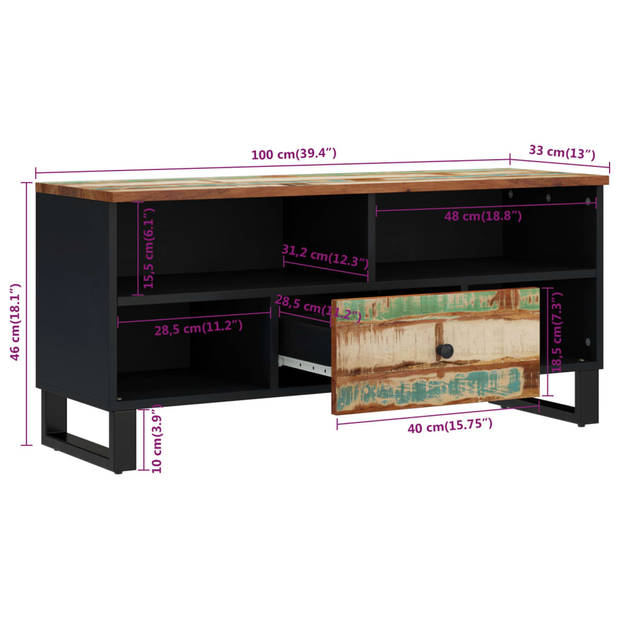 The Living Store Tv-meubel Massief Gerecycled Hout - 100 x 33 x 46 cm - Meerkleurige Afwerking