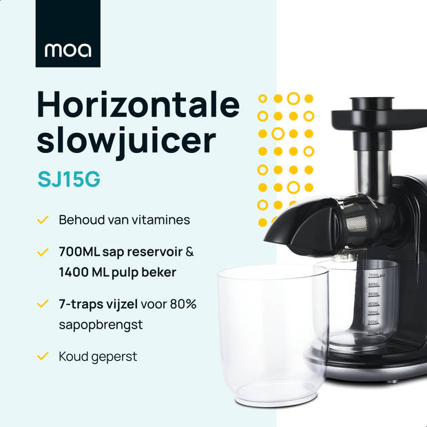 MOA Horizontale Slowjuicer - Voor Groente en Fruit - Droge pulp - 700 ml - Sapcentrifuge - Zwart - SJ15G
