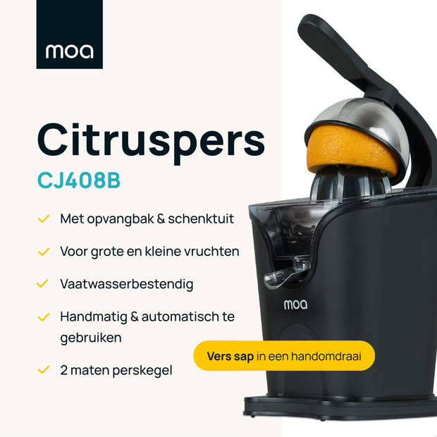 MOA Citruspers - Citrusjuicer - Elektrische Sinaasappelpers - Citroenpers - 2 Perskegels - Zwart - CJ408B