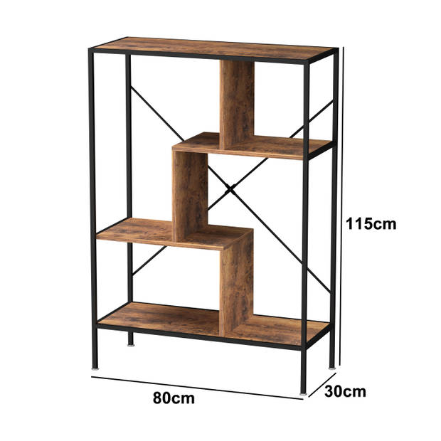 Boekenkast wandkast Stoer - open vakkenkast - industrieel - metaal hout - 115 cm hoog