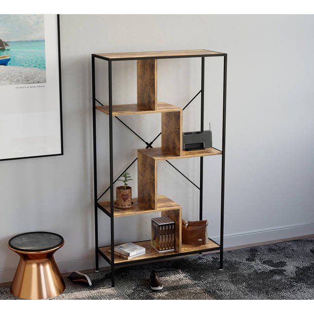 Wandkast boekenkast Stoer - open vakkenkast - industrieel - metaal hout - 147 cm hoog