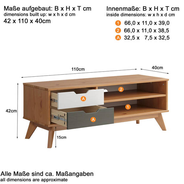 Scandik TV-meubel 2 laden, 1 plank honing,wit,grijs.