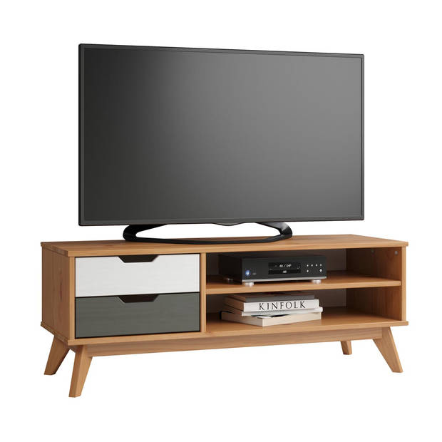 Scandik TV-meubel 2 laden, 1 plank honing,wit,grijs.