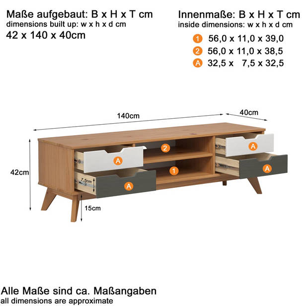 Scandik TV-meubel 4 laden, 1 plank honing,wit,grijs.