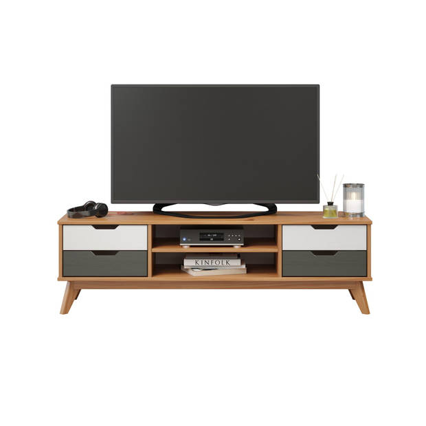 Scandik TV-meubel 4 laden, 1 plank honing,wit,grijs.