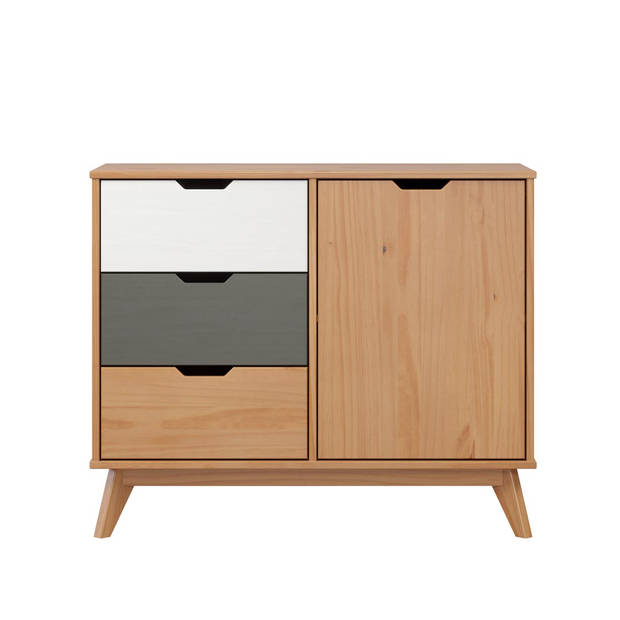 Scandik kommode , dressoir 1 deur, 3 laden honing,wit,grijs.