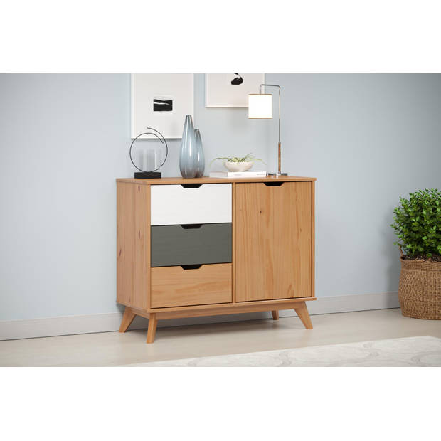 Scandik kommode , dressoir 1 deur, 3 laden honing,wit,grijs.