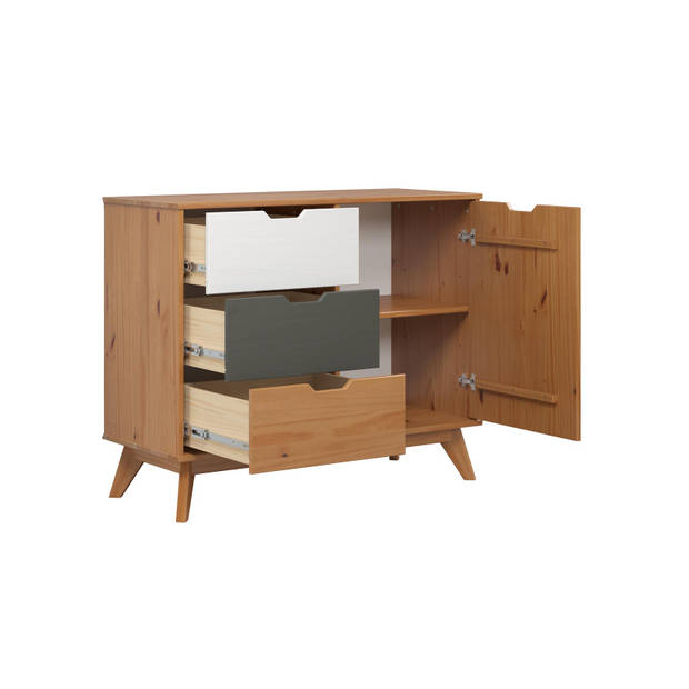 Scandik kommode , dressoir 1 deur, 3 laden honing,wit,grijs.