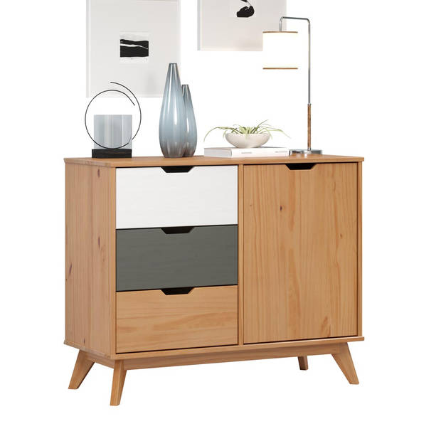 Scandik kommode , dressoir 1 deur, 3 laden honing,wit,grijs.