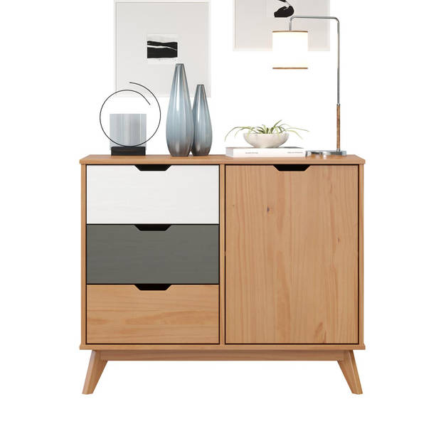 Scandik kommode , dressoir 1 deur, 3 laden honing,wit,grijs.