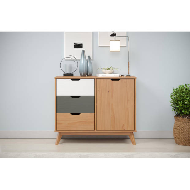 Scandik kommode , dressoir 1 deur, 3 laden honing,wit,grijs.