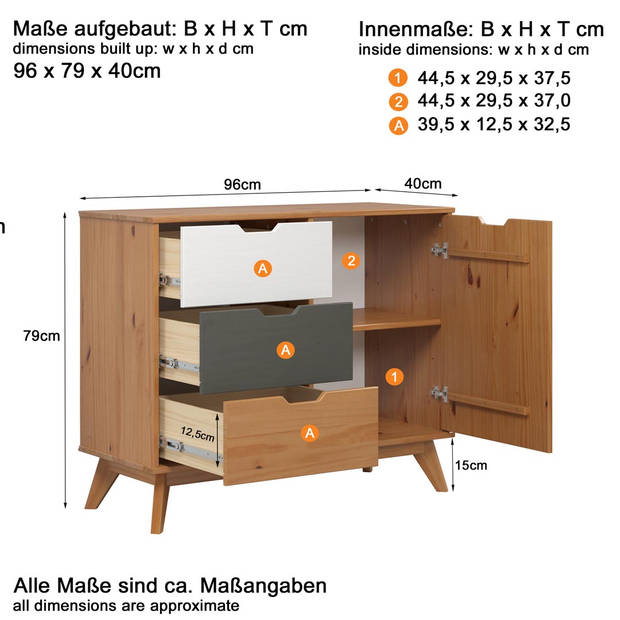 Scandik kommode , dressoir 1 deur, 3 laden honing,wit,grijs.