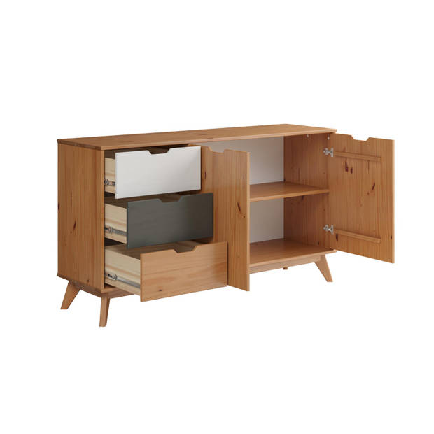 Scandik dressoir 2 deuren, 3 laden honing,wit,grijs.