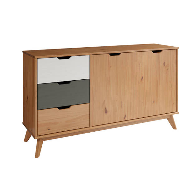 Scandik dressoir 2 deuren, 3 laden honing,wit,grijs.