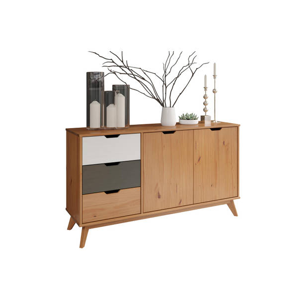 Scandik dressoir 2 deuren, 3 laden honing,wit,grijs.