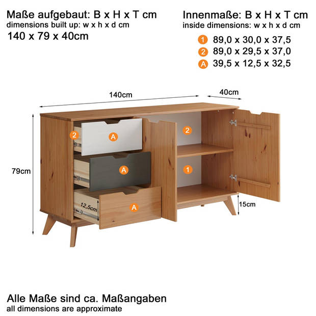 Scandik dressoir 2 deuren, 3 laden honing,wit,grijs.