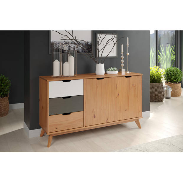 Scandik dressoir 2 deuren, 3 laden honing,wit,grijs.