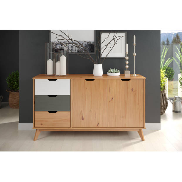 Scandik dressoir 2 deuren, 3 laden honing,wit,grijs.