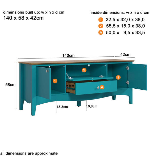 Lissabon TV-meubel 2 deuren, 1 lade, 1 klep blauw,bruin.